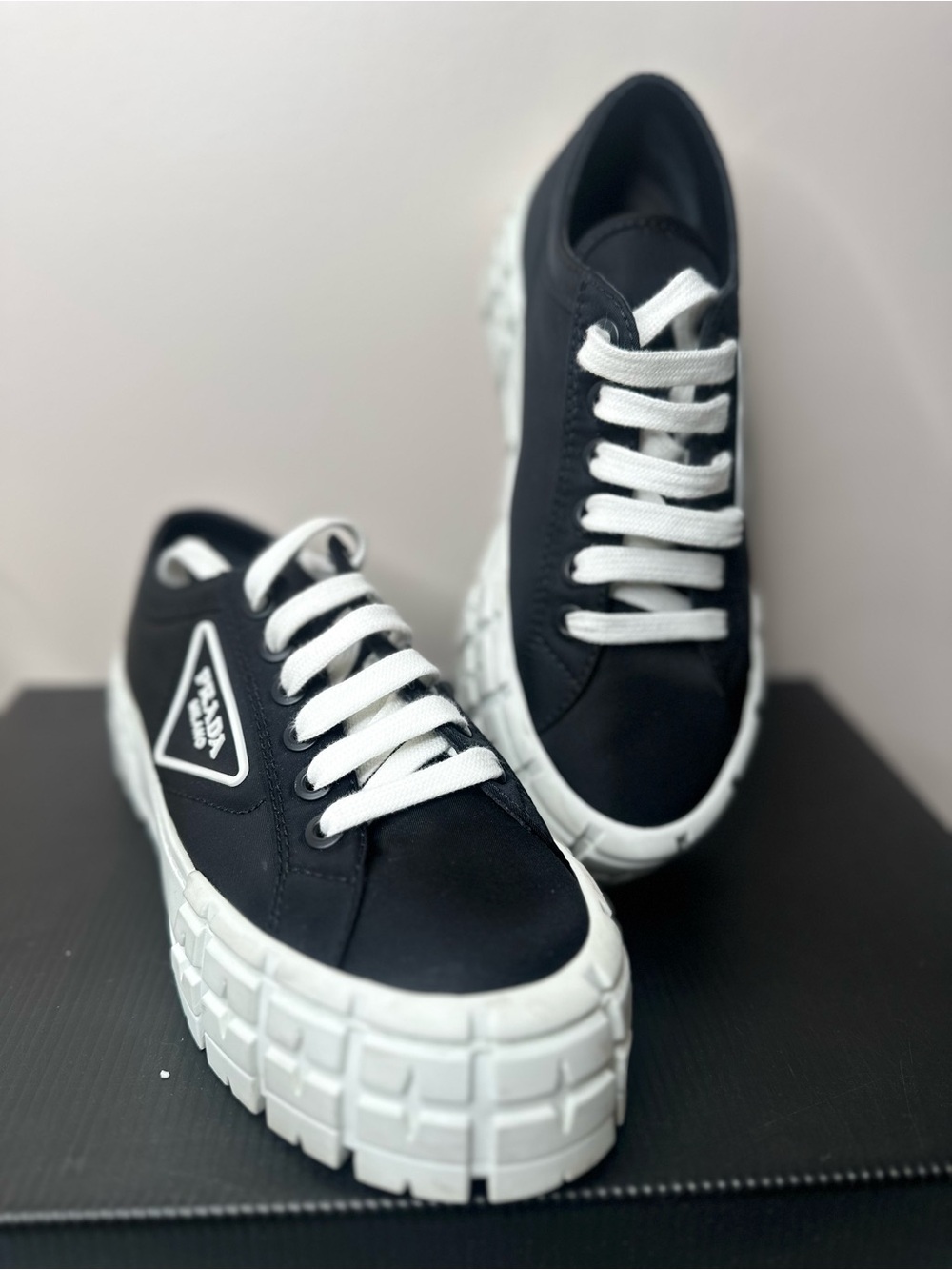 Prada Milano Nylon Platform Sneakers Black White Size 38 EU (US 7-7.5) Like New